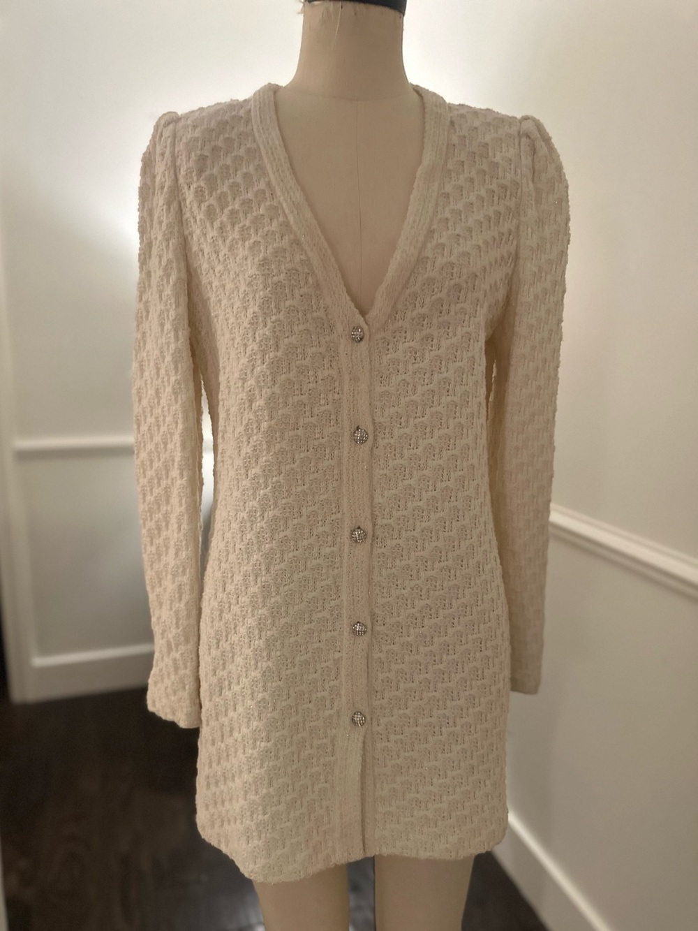 St. John Cream Textured Knit Longline Cardigan with Crystal Buttons